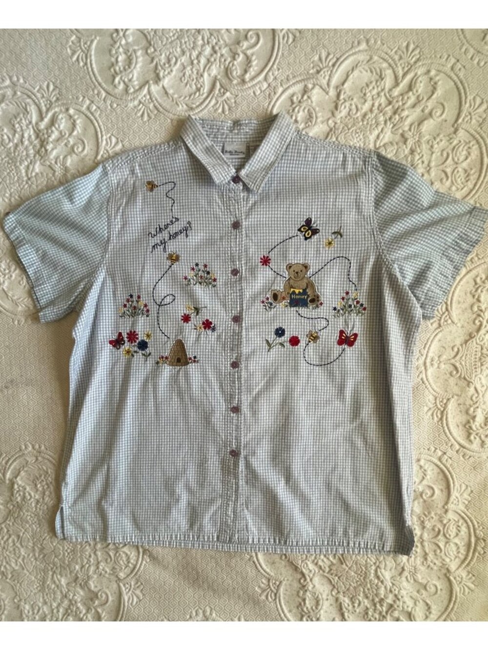 Vintage Bobbie Brooks Embroidered Gingham Bee Honey Button Up Shirt Size 22W/24W